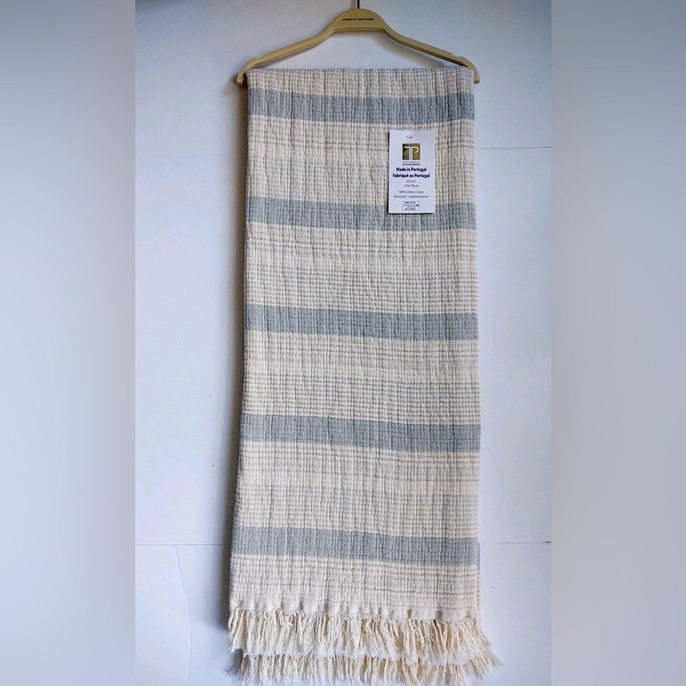 🎁Texteis Penedo Throw Blanket - Olive Stripe Pattern - Cotton Mixed Stripe